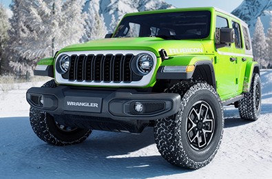 Front view of the Mojito green Jeep Wrangler in the snow